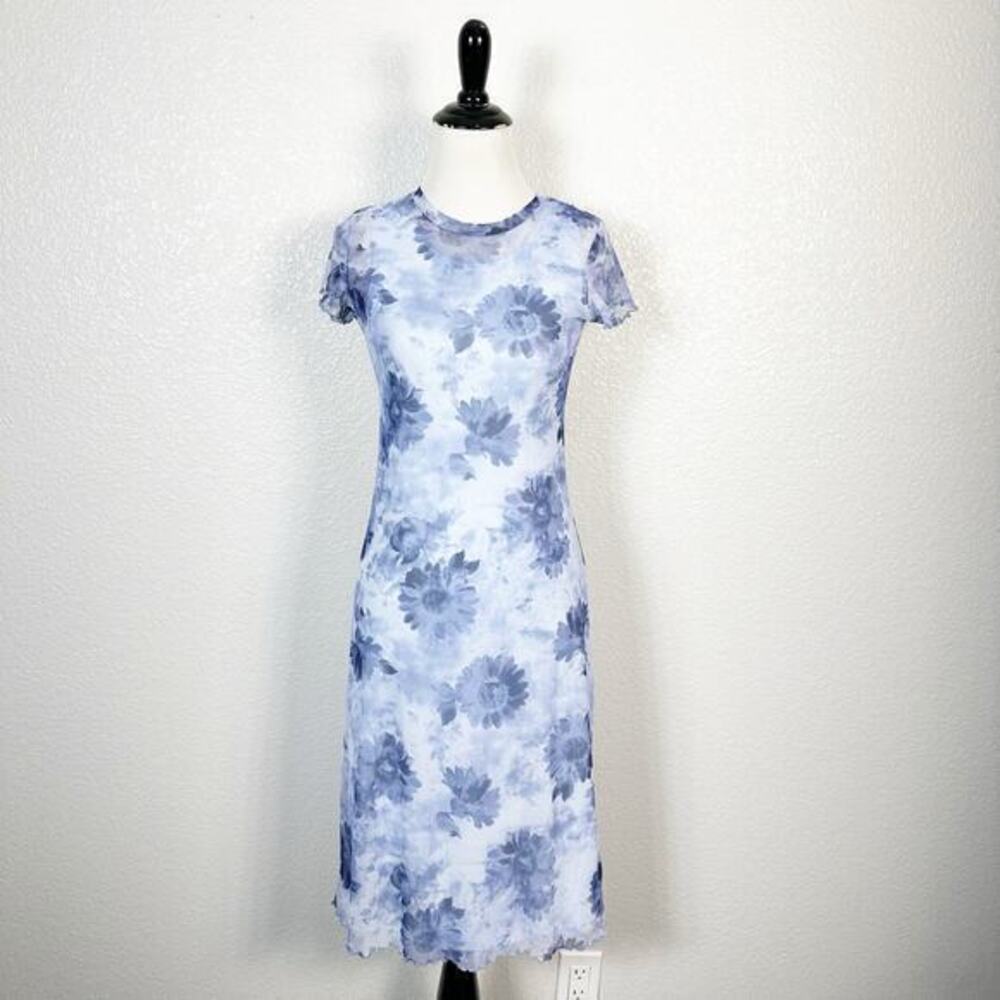 Hana 90s Y2K Vintage Sheer Mesh Overlay Floral Print T Shirt‎ Midi Dress Blue S